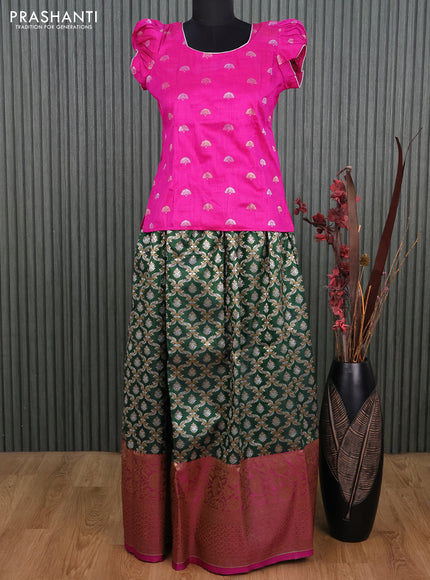 Banarasi kids lehenga pink and dark green with silver & gold buttas and zari weaves & long zari border for 15 years