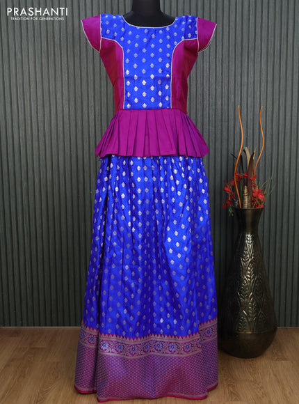 Banarasi kids lehenga purple and blue with patch work neck pattern and silver zari weaves & long silver zari border for 16 years