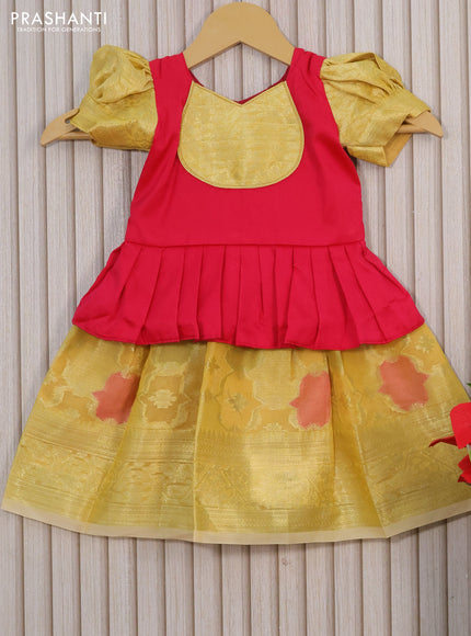 Kota kids lehenga pink and yellow with patch work neck pattern and zari woven border for 0-6 months