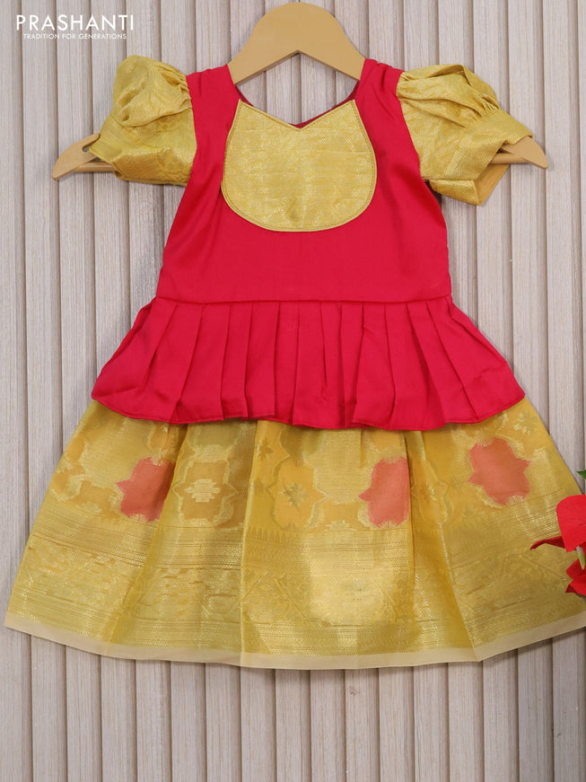 Kota kids lehenga pink and yellow with patch work neck pattern and zari woven border for 0-6 months