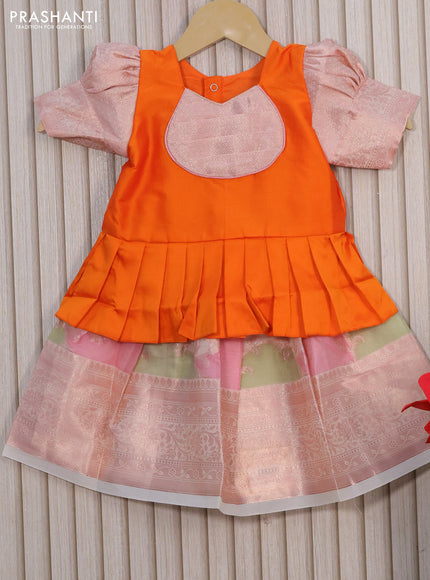 Kota kids lehenga orange and off white with patch work neck pattern and zari woven border for 0-6 months