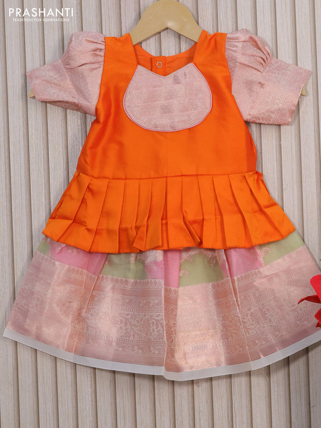 Kota kids lehenga orange and off white with patch work neck pattern and zari woven border for 0-6 months