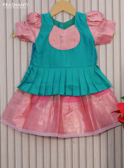 Kota kids lehenga teal blue and light pink with patch work neck pattern and zari woven border for 0-6 months