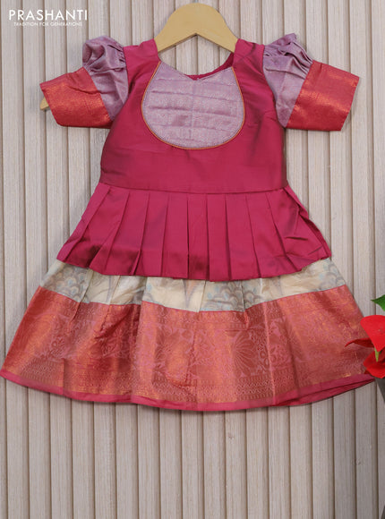 Kota kids lehenga dark magenta and cream with patch work neck pattern and zari woven border for 0-6 months