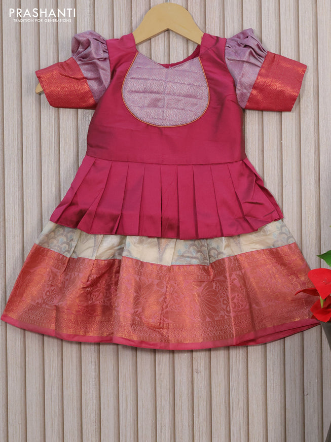 Kota kids lehenga dark magenta and cream with patch work neck pattern and zari woven border for 0-6 months