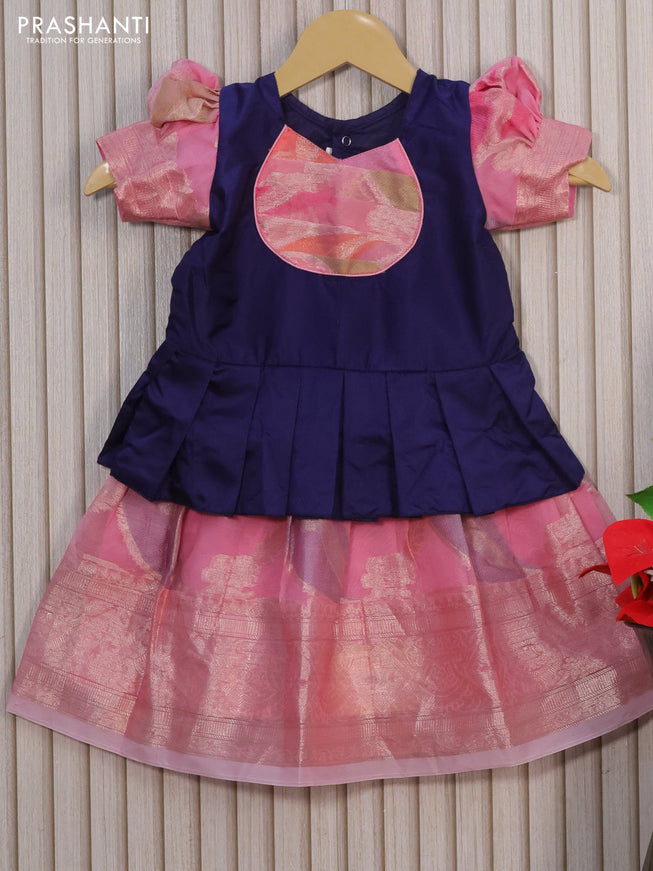 Kota kids lehenga navy blue and light pink with patch work neck pattern and zari woven border for 0-6 months