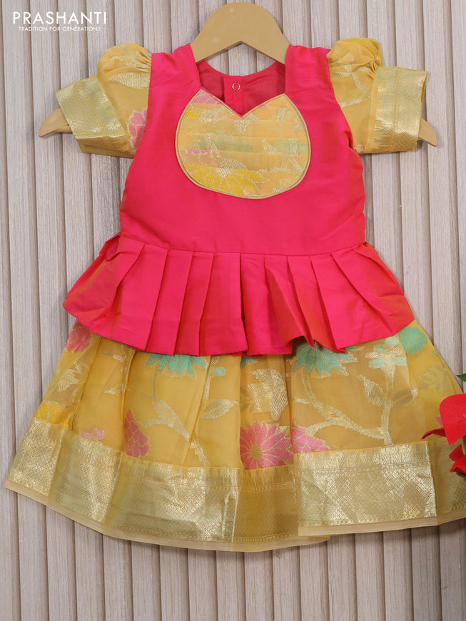 Kota kids lehenga dual shade of pink and yellow with patch work neck pattern and zari woven border for 0-6 months