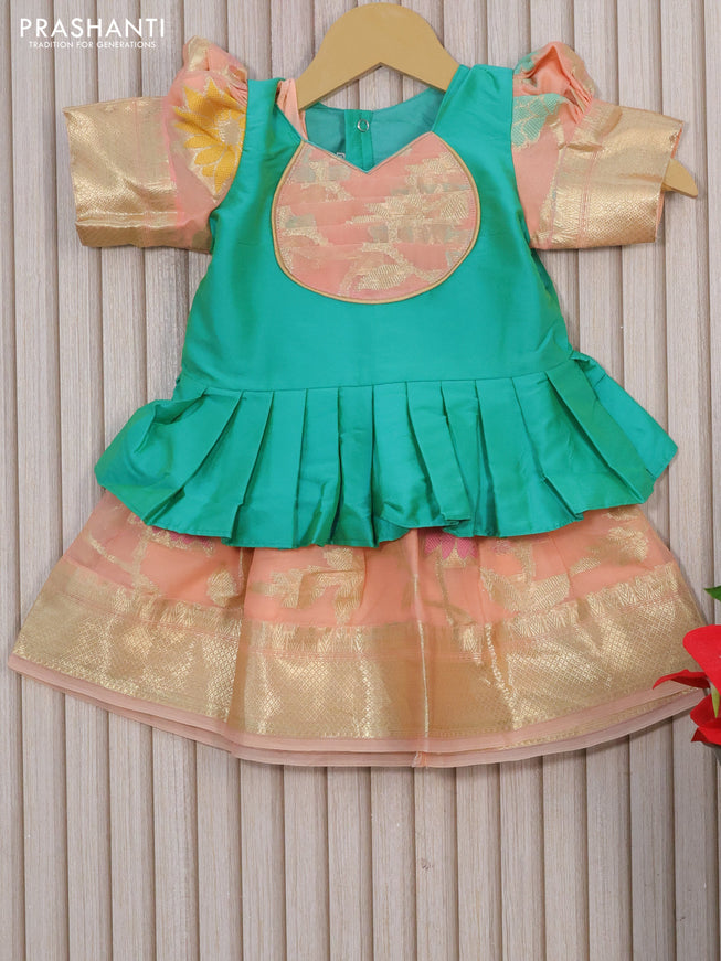 Kota kids lehenga teal green and peach orange with patch work neck pattern and zari woven border for 0-6 months