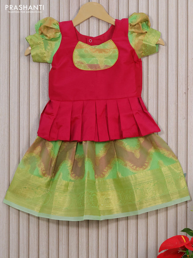 Kota kids lehenga dark pink and green shade with patch work neck pattern and zari woven border for 1 year