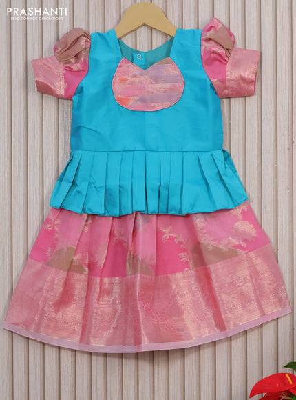 Kota kids lehenga teal blue and light pink with patch work neck pattern and zari woven border for 1 year