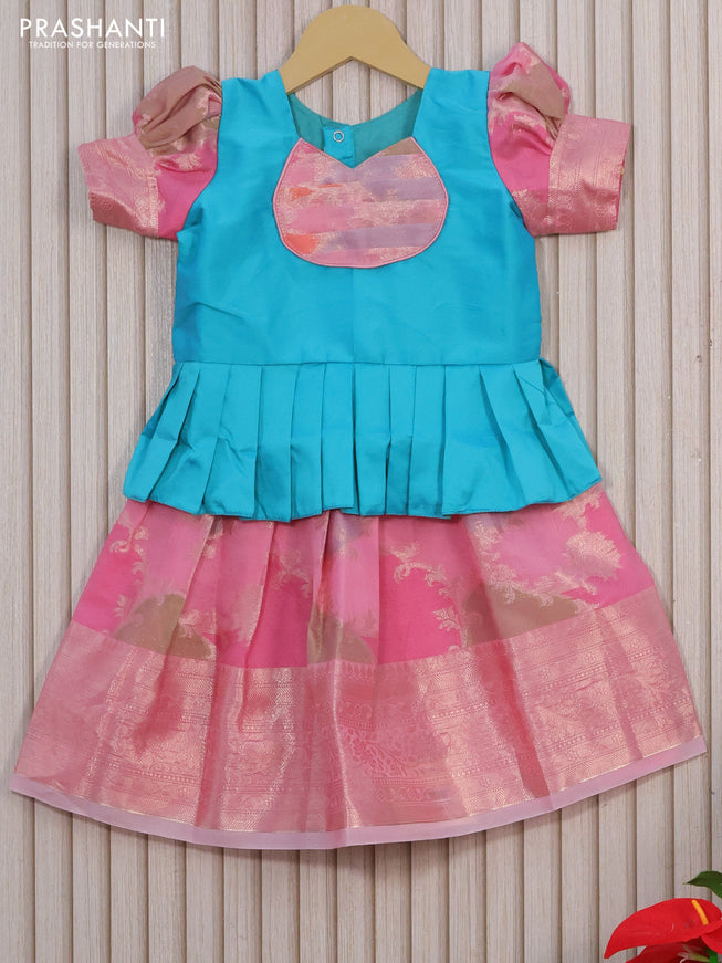 Kota kids lehenga teal blue and light pink with patch work neck pattern and zari woven border for 1 year