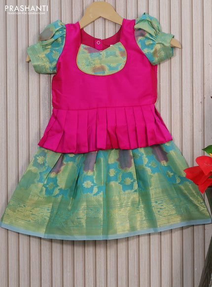 Kota kids lehenga magenta pink and teal blue with patch work neck pattern and zari woven border for 1 year