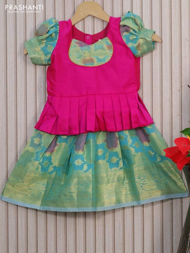 Kota kids lehenga magenta pink and teal blue with patch work neck pattern and zari woven border for 1 year