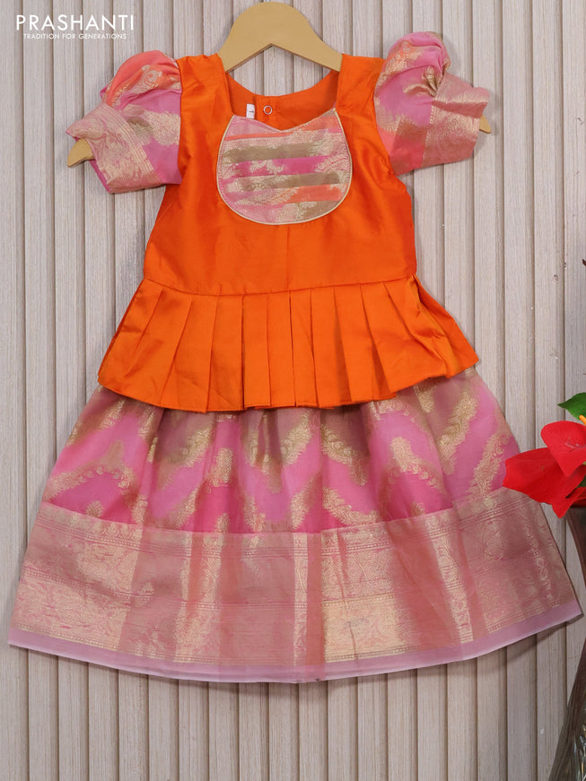 Kota kids lehenga orange and light pink with patch work neck pattern and zari woven border for 1 year