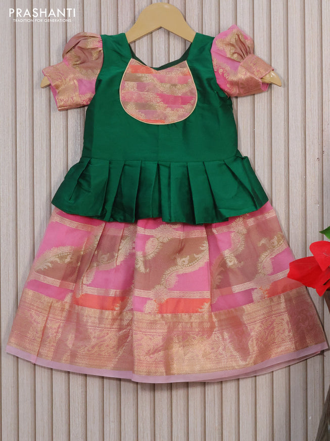 Kota kids lehenga green and light pink with patch work neck pattern and zari woven border for 1 year