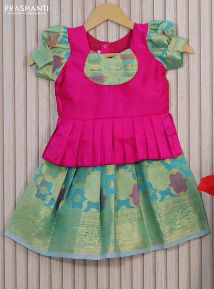 Kota kids lehenga magenta pink and teal blue with patch work neck pattern and zari woven border for 1 year