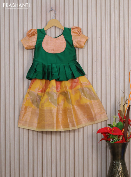 Kota kids lehenga green and yellow with patch work neck pattern and zari woven border for 2 years