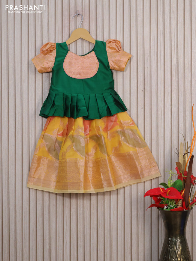 Kota kids lehenga green and yellow with patch work neck pattern and zari woven border for 2 years