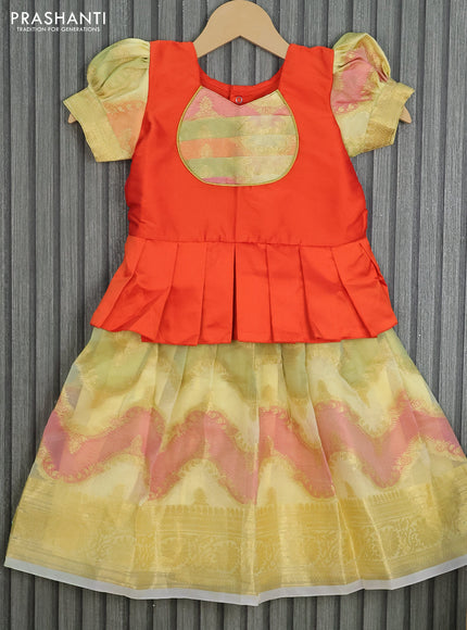 Kota kids lehenga orange and pale yellow with patch work neck pattern and zari woven border for 2 years