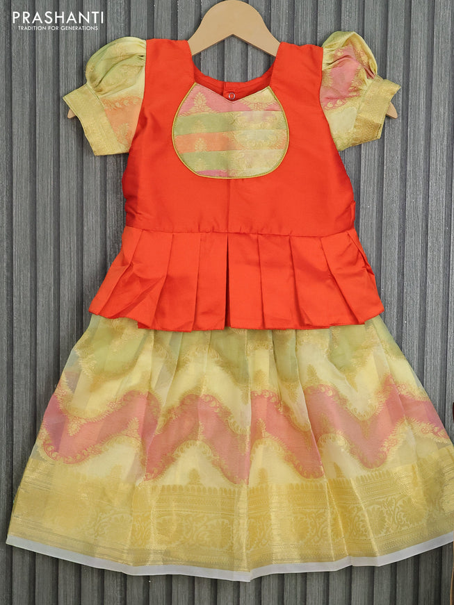 Kota kids lehenga orange and pale yellow with patch work neck pattern and zari woven border for 2 years