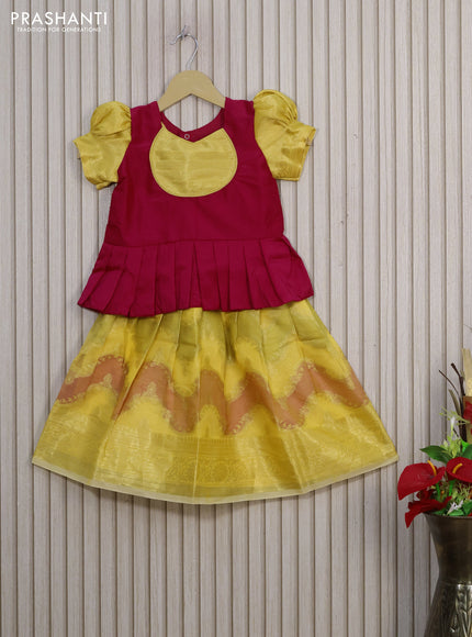 Kota kids lehenga pink and yellow with patch work neck pattern and zari woven border for 3 years