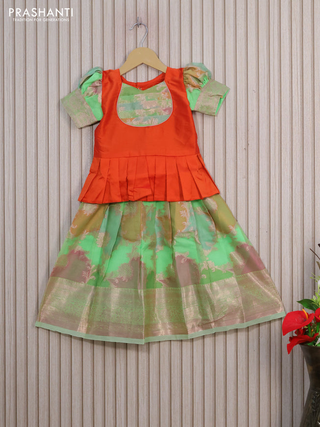 Kota kids lehenga orange and light green with patch work neck pattern and zari woven border for 3 years