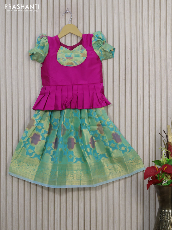 Kota kids lehenga pink and teal blue with patch work neck pattern and zari woven border for 3 years