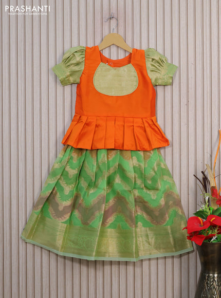 Kota kids lehenga orange and light green with patch work neck pattern and zari woven border for 4 years