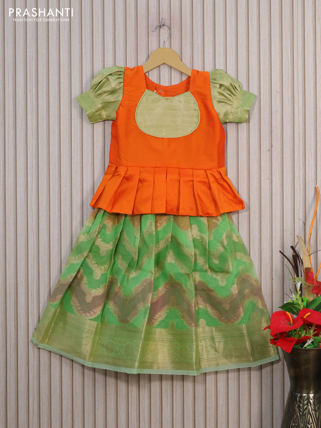 Kota kids lehenga orange and light green with patch work neck pattern and zari woven border for 4 years