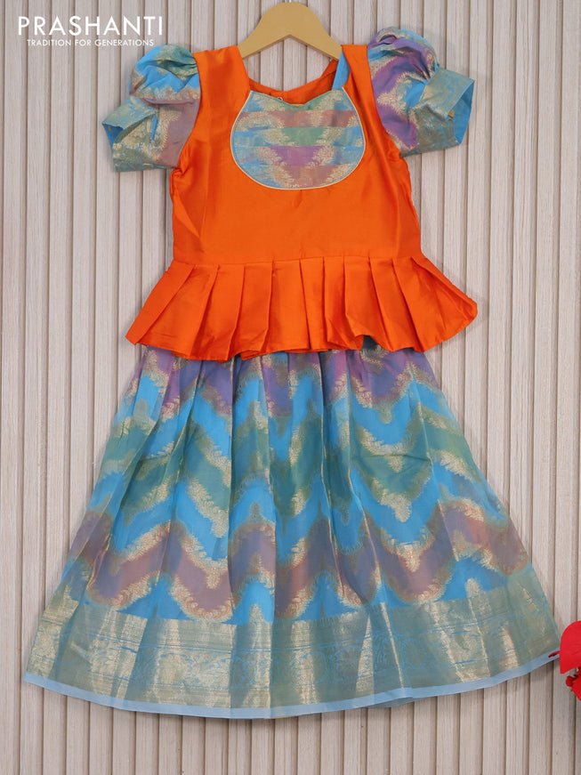 Kota kids lehenga orange and light blue with patch work neck pattern and zari woven border for 5 years