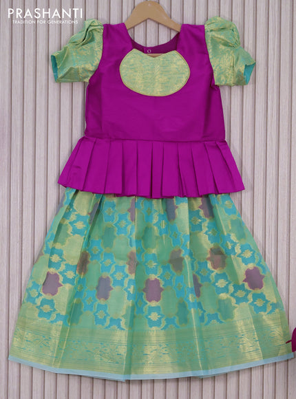 Kota kids lehenga pink and light blue with patch work neck pattern and zari woven border for 5 years