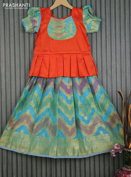 Kota kids lehenga orange and light blue with patch work neck pattern and zari woven border for 6 years