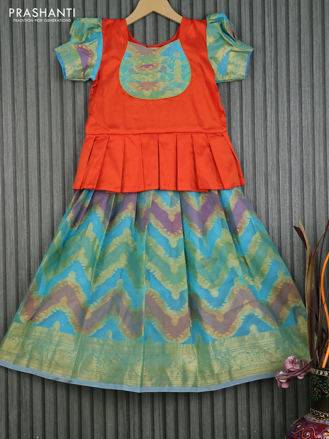 Kota kids lehenga orange and light blue with patch work neck pattern and zari woven border for 6 years