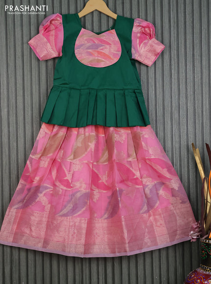 Kota kids lehenga green and light pink with patch work neck pattern and zari woven border for 6 years