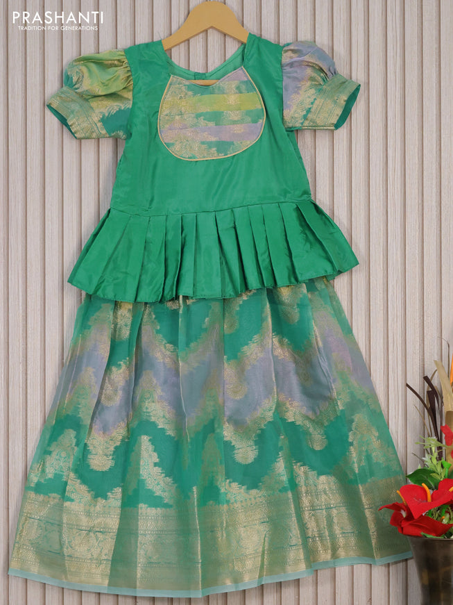 Kota kids lehenga teal green and teal blue with patch work neck pattern and zari woven border for 6 years