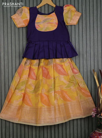 Kota kids lehenga dark blue and yellow with patch work neck pattern and zari woven border for 6 years