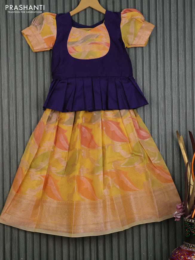 Kota kids lehenga dark blue and yellow with patch work neck pattern and zari woven border for 6 years