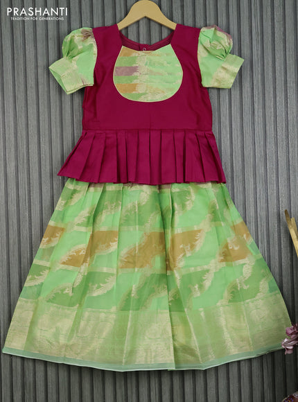 Kota kids lehenga pink and light green with patch work neck pattern and zari woven border for 6 years