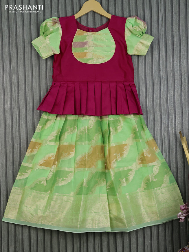 Kota kids lehenga pink and light green with patch work neck pattern and zari woven border for 6 years