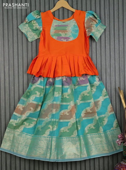 Kota kids lehenga orange and teal blue with patch work neck pattern and zari woven border for 7 years