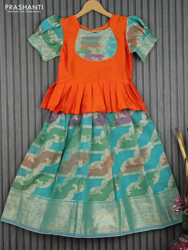 Kota kids lehenga orange and teal blue with patch work neck pattern and zari woven border for 7 years