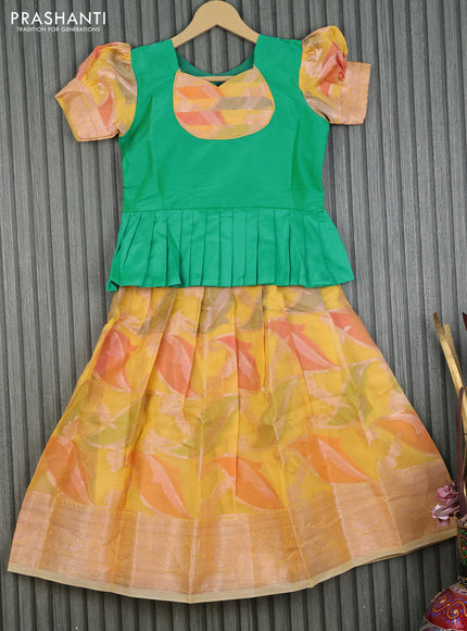 Kota kids lehenga teal green and yellow with patch work neck pattern and zari woven border for 7 years