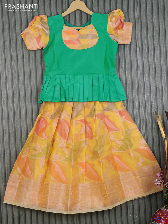 Kota kids lehenga teal green and yellow with patch work neck pattern and zari woven border for 7 years