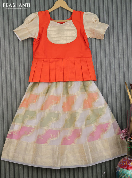 Kota kids lehenga orange and off white with patch work neck pattern and zari woven border for 8 years