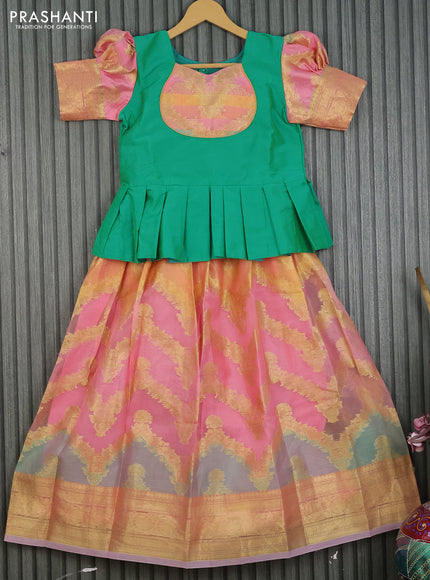 Kota kids lehenga teal green and light pink with patch work neck pattern and zari woven border for 9 years