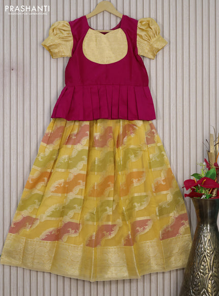 Kota kids lehenga dark pink and yellow shade with patch work neck pattern and zari woven border for 10 years