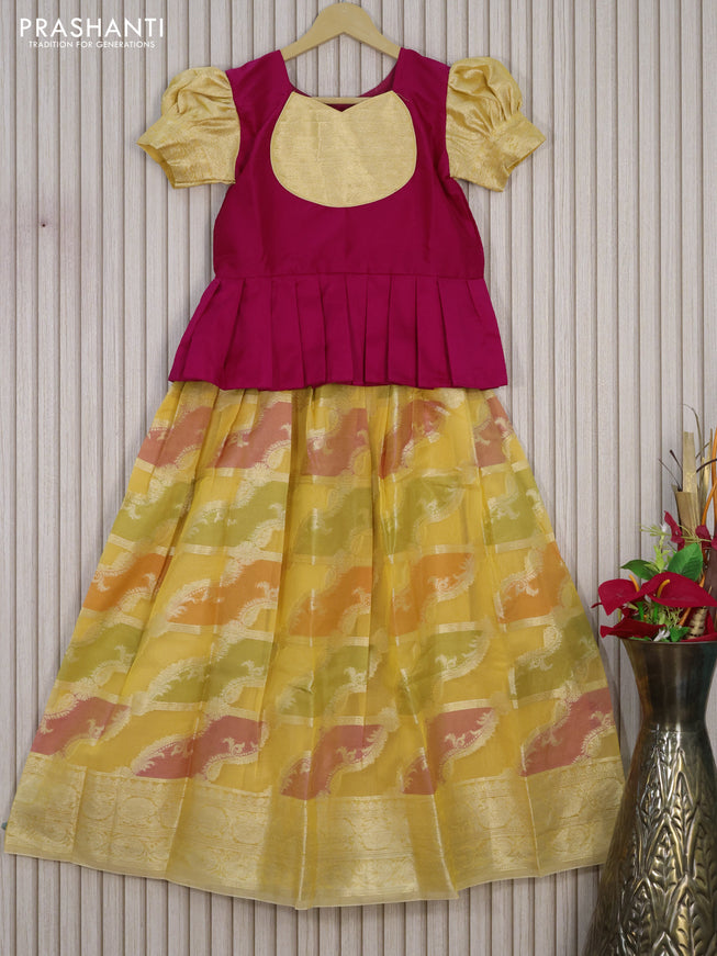 Kota kids lehenga dark pink and yellow shade with patch work neck pattern and zari woven border for 10 years