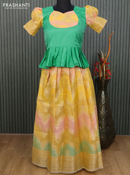 Kota kids lehenga teal green and yellow with patch work neck pattern and zari woven border for 11 years