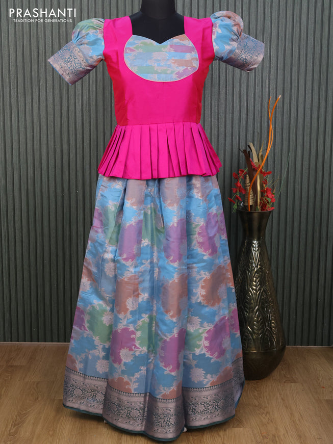 Kota kids lehenga pink and light blue with patch work neck pattern and zari woven border for 12 years