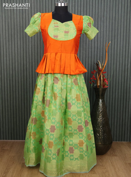 Kota kids lehenga orange and light green with patch work neck pattern and zari woven border for 12 years